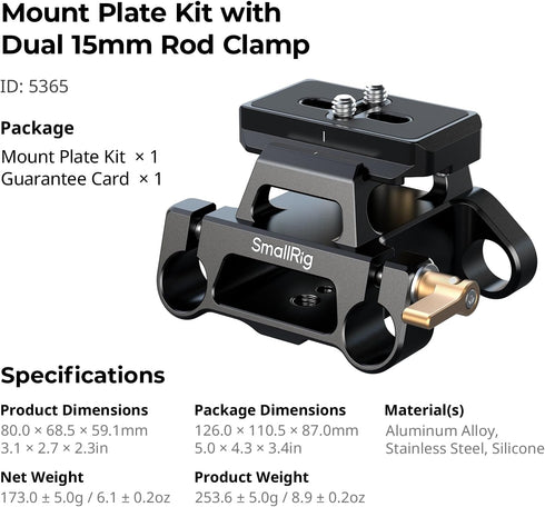 SMALLRIG 15mm 1/4"-20 3/8"-16 5365 Universal Mount Plate Kit with Dual Rod Clamp for Cameras, Built-in Quick-Release