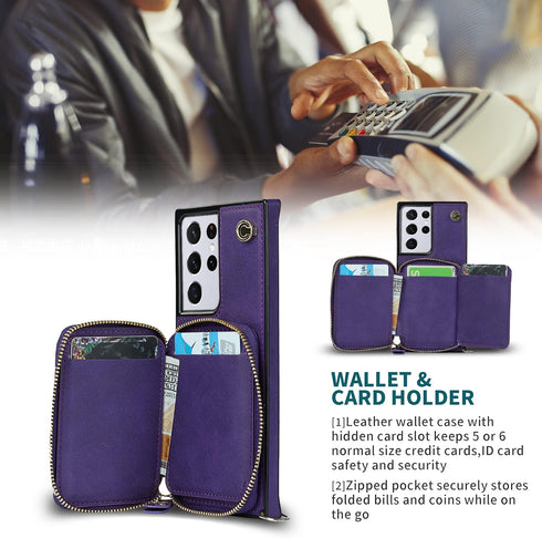 Asuwish Wallet Case for Samsung Galaxy S21 Ultra 5G - Leather, Zipper Card Holder, Tempered Glass Protector, Purple.