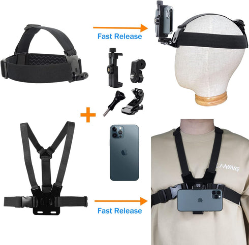 Mobile Phone Chest Strap Mount Harness and Head Strap Holder Kit for VLOG/POV, Compatible with iPhone, Samsung, Google,
