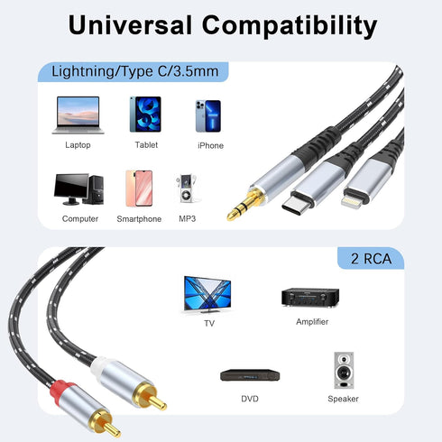 3.5mm to RCA Cable, Lightning to RCA Male to Aux Audio Adapter HiFi Sound Headphone Jack Adapter,(3 in 1 Audio Cable) Connector for iPhone/iPad Speaker MP3 Tablet HDTV(10FT)