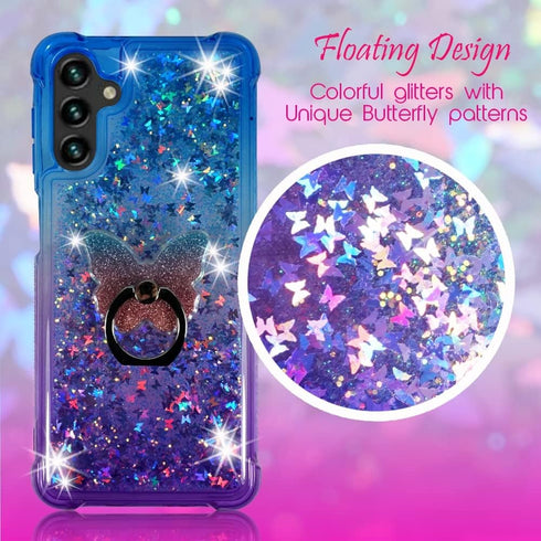 Zase Design Clear Case for Samsung Galaxy A13 5G, Liquid Glitter Sparkle Bling Shockproof with 3D Butterflies Waterfall