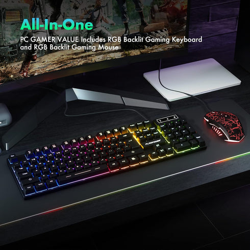 RGB Gaming Keyboard and Breathing Mouse Combo, Adjustable Backlit Mechanical Feeling Keyboard with 4 Colors, 4800DPI