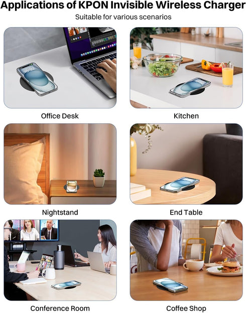 KPON Invisible Wireless Charger, 40MM(1.57") Wireless Charging Desk Mat Mouse Pad, Hidden Charging Station for iPhone