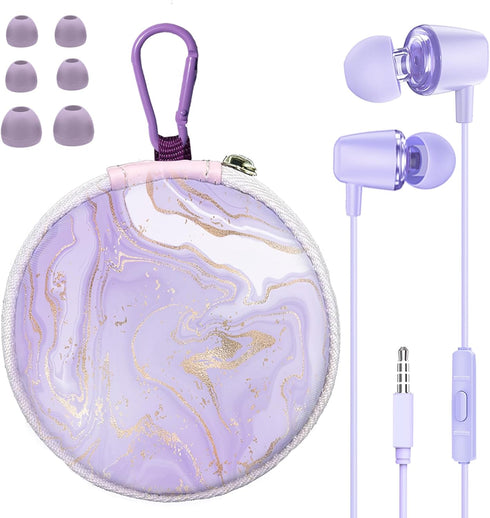 Earbuds Set with Case for Kids, Wired Headphones with Small Size Ear Tips, Aesthetic Earphones for Phone and PC (Purple)