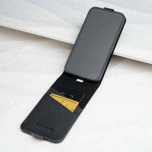 TORRO Leather Flip Case for iPhone 14, Genuine Leather MagSafe Compatible Case with Card Holder (Black)