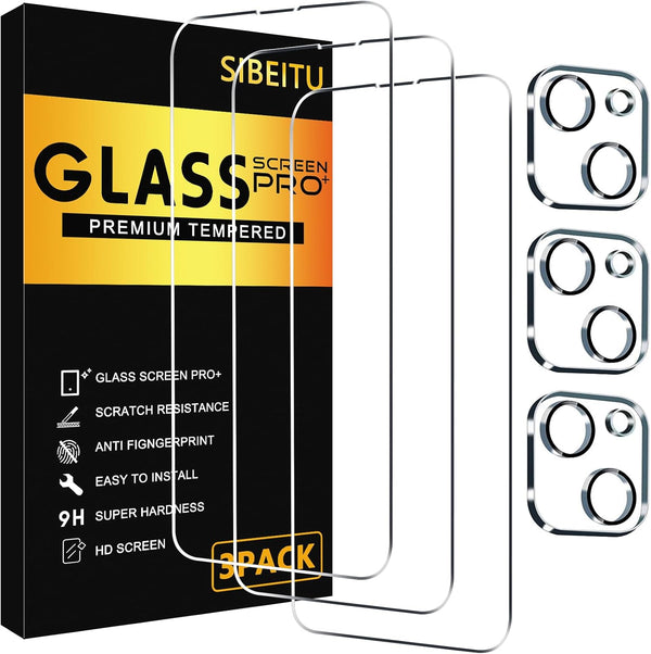 SIBEITU iPhone 13 Screen Protector 3 Pack with 3 Camera Lens Protectors, 6.1" HD Clear, 9H Hardness, Scratch Resistant.