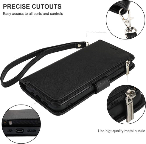 KIHUWEY iPhone 12 Pro Wallet Case Leather Zipper with Card Holder, Kickstand and Protective Lanyard Purse Cover