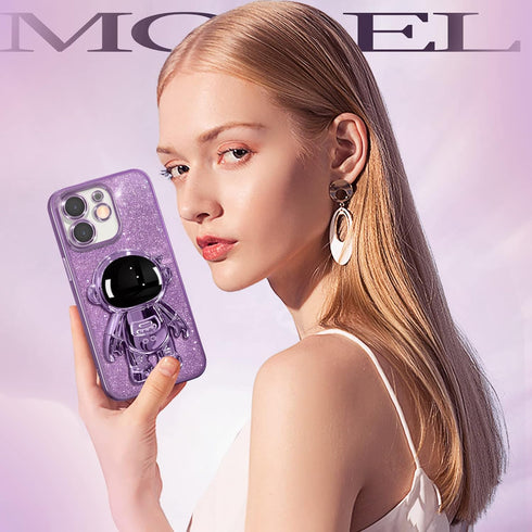 Buleens Clear Astronaut Phone Case for iPhone 11, Glitter Paper & Spaceman Stand, Cute Electroplated Sparkly Space