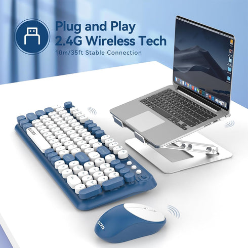 Wireless Keyboard and Mouse Combo, Retro Typewriter Keyboard and Mouse with Round Keypads for Windows Laptop PC