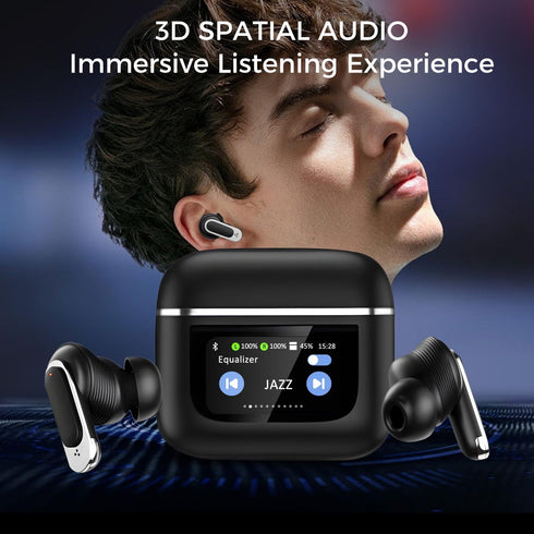 Wireless Earbuds with LCD Touch Screen, Bluetooth 5.3, Noise Cancelling, 32H Playback, IP4 Waterproof, 1.47" Screen