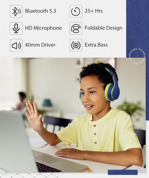 rockpapa E7 Over Ear Wireless Bluetooth Headphones with Mic, Travel Case, Foldable Wired/Wireless for Kids and Adults