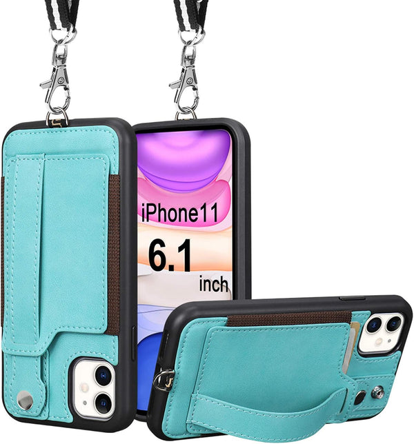 TOOVREN iPhone 11 Wallet Lanyard Case, Protective Cover with PU Leather Card Holder, Adjustable Detachable Strap