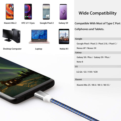 Fasgear 10ft USB C to USB A Cables 3 Pack, 3A Fast Charging, Nylon Braided, Compatible with Galaxy S20, LG V20, PS5