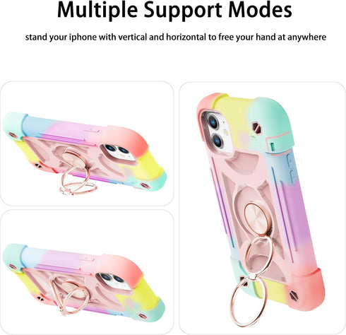MARKILL Cute Military Grade Drop Protection Case for iPhone 11, 6.1 Inch, with 360° Rotate Ring Stand, Rainbow Pink