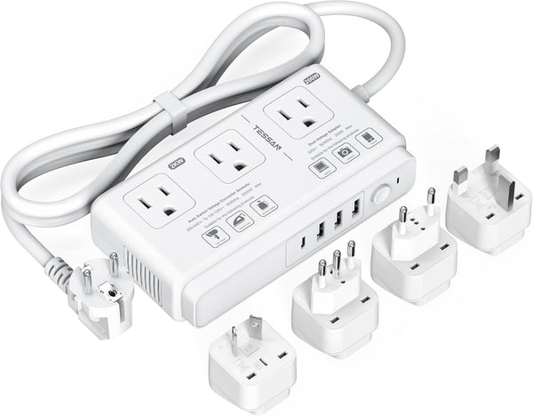 TESSAN 220V to 110V Voltage Converter, Universal Travel Adapter with 4 USB Ports (1 USB C), 3 AC Sockets, EU/UK/AU/IT