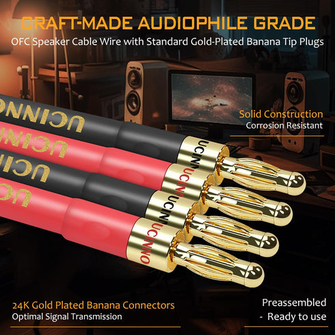 UCINNOVATE Speaker Cable with Banana Plugs, 2 Pack 9.8ft/3m 14 Gauge Speaker Wire for Hi-Fi & Home Audio