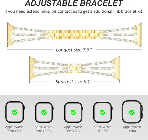 Surace Gold Apple Watch Bands 45mm for Women, Bling Diamond Rhinestone Link Bracelet with 2 in 1 Waterproof Case