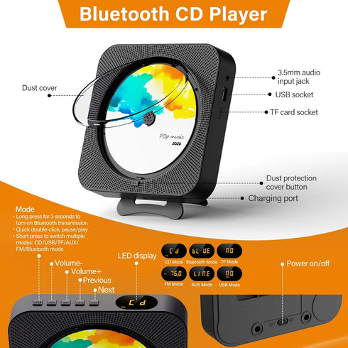 Portable CD Player with Bluetooth, Desktop Music Player with Remote Control, Supports CD/FM Radio/USB/AUX - Black