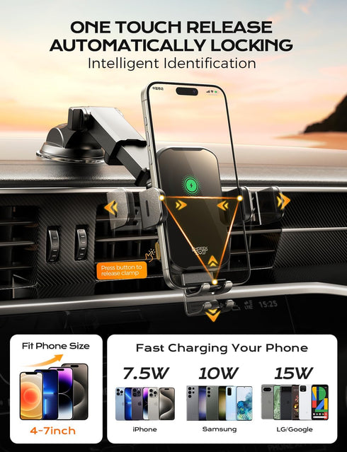 CHGeek Wireless Car Charger Phone Holder Mount, 15W Fast Charging Auto Clamping for iPhone, Samsung Galaxy, Google Pixel