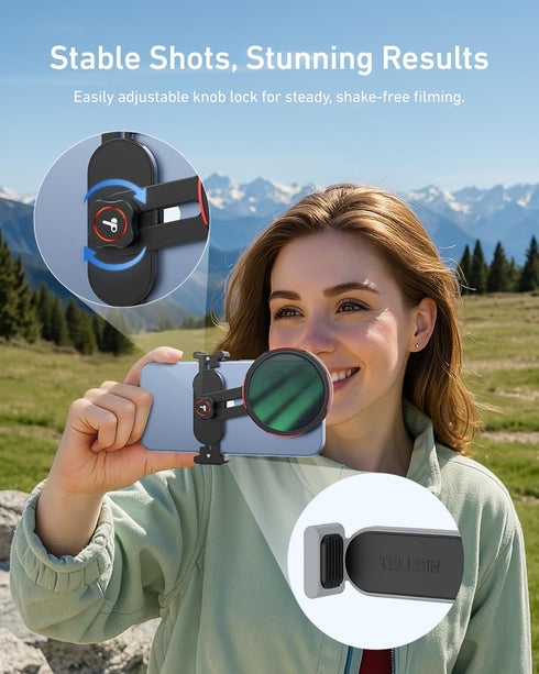 TELESIN 67mm 1/4" 16 15 S24 Universal Phone Filter Mount for DSLR Filters, Clip-On Holder with Cold Shoe & Thread
