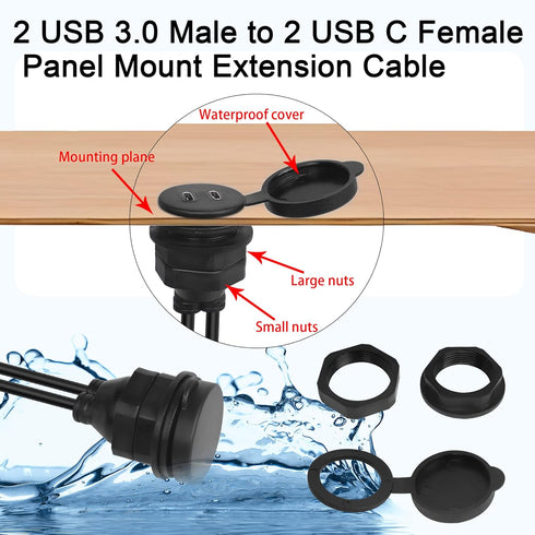 QIANRENON Dual USB C to USB 3.0 Threaded Flush Mount Waterproof Cable Adapter, 2 USB 3.0 Male to 2 USB C Female
