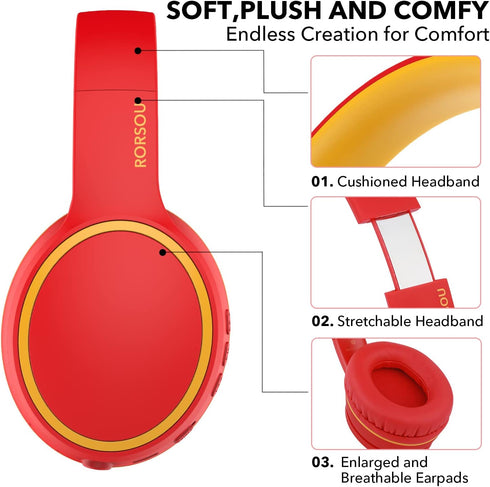 RORSOU B10 Wireless Bluetooth Over-Ear Headphones - Lightweight Folding Stereo Bass Headset with 50H Playtime, Red