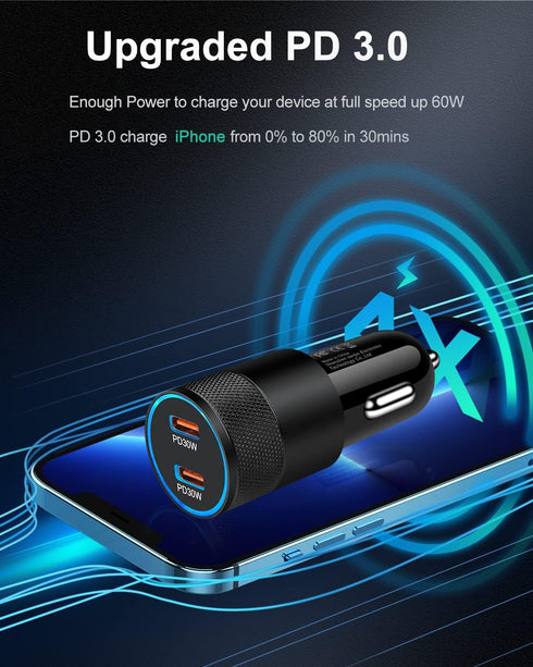 Super Fast Car Charger for Samsung Galaxy, 3 Pack 60W Dual-Port USB-C Car Charger Cigarette Lighter Adapter + 2pcs PD