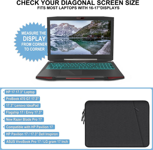 Laptop Sleeve Bag 17 Inch: Black, Shockproof Protective Cover with Accessories Pocket, Water Resistant for Dell, HP,