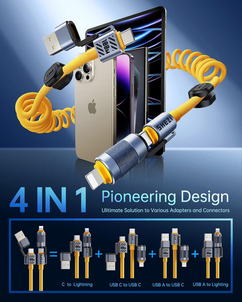 4-in-1 5ft Coiled USB C Cable for Car, 100W Fast Charging, USB C to L Cable with Multi Ports for iPhone iPad