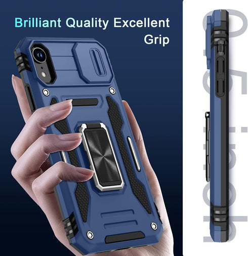 DEERLAMN for iPhone XR Case with Slide Camera Cover + Screen Protector (1 Pack), Rotated Ring Kickstand Military Grade