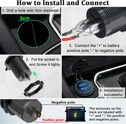 Qidoe 36W Dual QC3.0 USB Power Charger Socket, Waterproof 12V USB Outlet with Touch Switch for RV Motorcycle Boat
