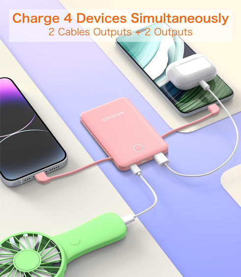 miisso 6000mAh Built-in Cables Power Bank, Travel Charger with USB C Cords, Card Size External Battery Pack, Blossom
