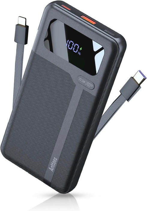 Antteez Portable Charger with Built in Cable - 10000mAh Fast Charging 22.5W Power