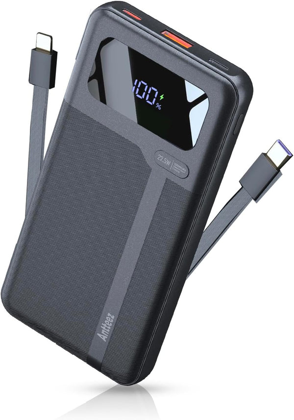 Antteez Portable Charger with Built in Cable - 10000mAh Fast Charging 22.5W Power