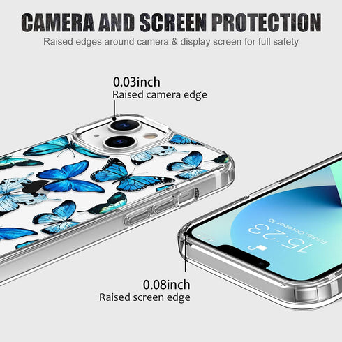LUHOURI Case for iPhone 13 Mini - Crystal Acrylic Clear with Screen Protector, Slim Fit Floral Blue Butterflies