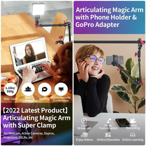 Super Camera Clamp Mount with Adjustable Magic Arm 22in, Articulating Arm with Dual Ball Head Adapter 1/4" Thread for