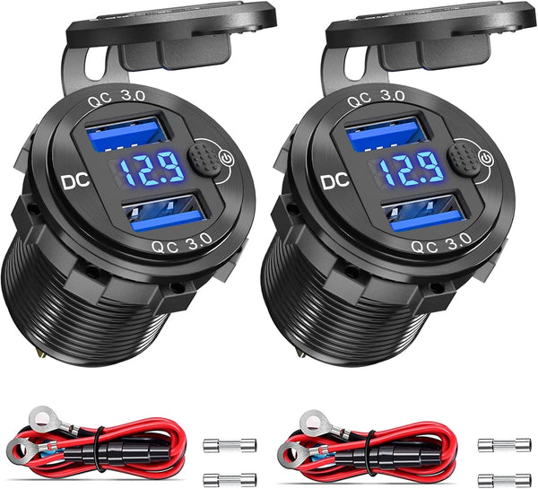 12V USB Outlet 2 Pack, Dual Quick Charge 3.0 Waterproof Aluminum Charger for Marine, RV, Car
