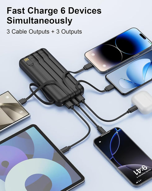 FlyKangaroo 10000mAh 22.5W Pack 6 2 Portable Charger with Built in Cables, Slim Fast Charging Power Bank USB C LED