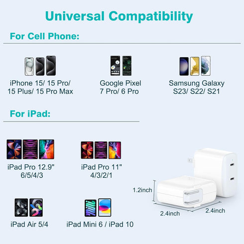 40W Dual USB C Charger for iPad Pro 13, 12.9, 11 inch 2024-2019, iPad Air 5/4, Mini 6, iPhone 15, 2 x 20W Charger