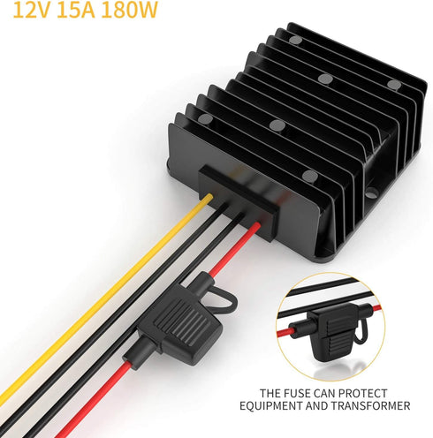 24V to 12V Voltage Converter, Buck Converter 15A 180W DC Transformer with Fuse Waterproof, Step Down Converter for Golf Cart LED Light Motor Truck Vehicle Boat Solar System (Accept DC 15-40V Inputs)