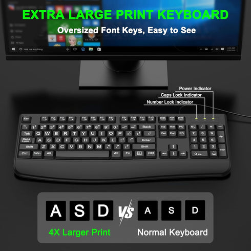 QUASIO 4X Large Print Ergonomic Keyboard, Full Size Keyboard with Wrist Rest, Silent Wired USB Computer Keyboard