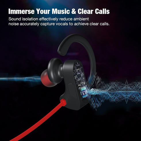 Red Bluetooth Headphones - Wireless Earbuds with Mic, 16H Playtime, IPX7 Waterproof, Stereo Sound for Sports & Workouts.