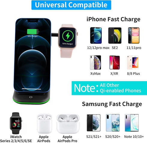 Wireless Charger, 3 in 1 Charging Stand for iPhone, iWatch, Airpods - Black