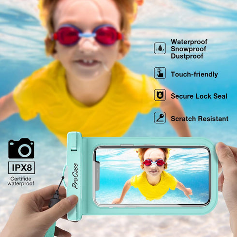 ProCase 2 Pack Waterproof Phone Pouch Case, 7" Universal Underwater Cellphone Dry Bag Holder for iPhone 15 14 13 Pro Max 12 11, Galaxy S24 S23 S22 Ultra Pixel Beach Cruise Essential -Black/Green
