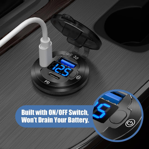 12V USB Car Socket Round USB C Outlet, 3-Port Marine Fast Charger, Waterproof Cigarette Outlet with Switch & Voltmeter