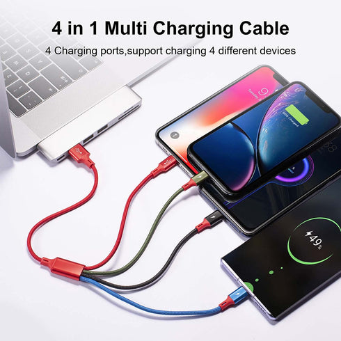 1Ft Multi Charging Cable, 2-Pack 4-in-1 Fast Charger for Cell Phones/Tablets, IP/Type C/Micro USB for Samsung