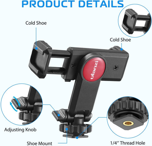 ULANZI Universal Phone Tripod Mount with Cold Shoe Mount, Rotates and Adjustable Clamp Holder Smartphone Clip Adapter for iPhone 11 Pro Max X XR Xs Max 8 7 Plus Samsung Galaxy s10 s9 Note10 Google