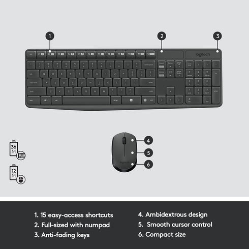 Logitech MK235 Wireless Keyboard and Mouse Combo, USB Receiver, 15 FN Keys, Long Battery Life for Windows, PC
