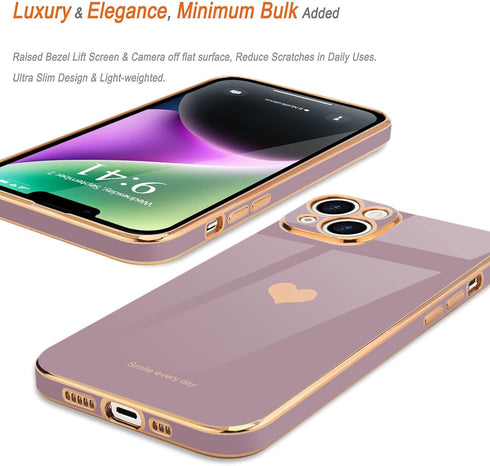 Teageo iPhone 14 Case - Cute Lavender Love Heart, Luxury Electroplate, Soft Bling, Shockproof, Full Camera Protection.