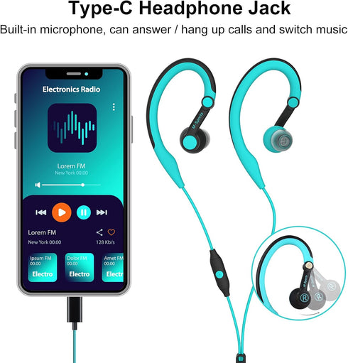 mucro Sport Headphones Wired, Over Ear in-Ear Earbuds, Headphones with Microphone for iPhone, Android Phone (Blue-TypeC)